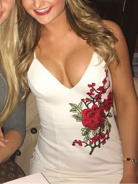 Windsor White Midi Dress with Red Floral Embroidery